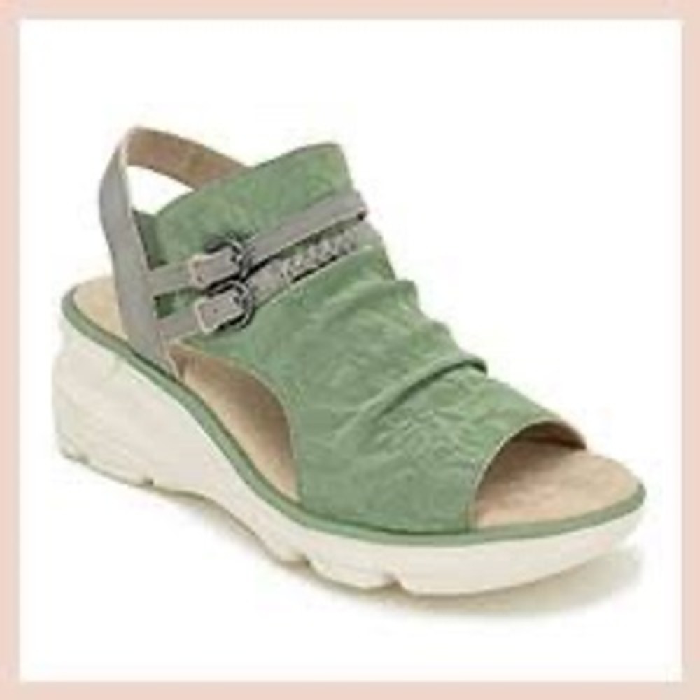 JBU Orlando Wedge Sandals Womens 9.5M Green Excellent Ruched Memory Foam Comfort